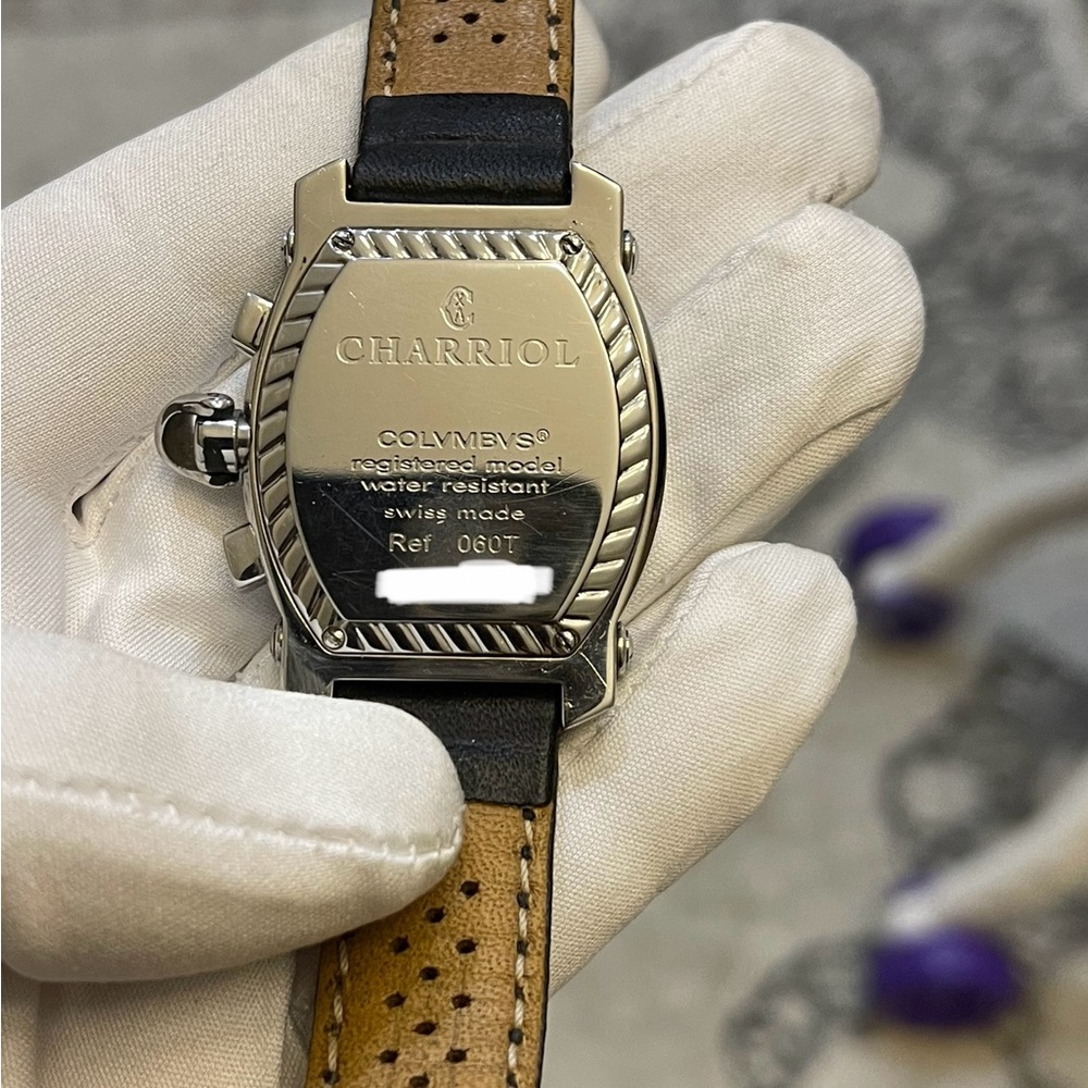 CHARRIOL COLYMBYS® Chrono Black Leather Stainless Steel Quartz Men's Watch 060T - Picture 14 of 16